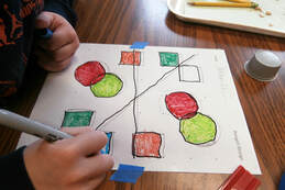 Image shows: hands connecting brightly colored shapes with lines on a gridded paper during an arts integrated residency