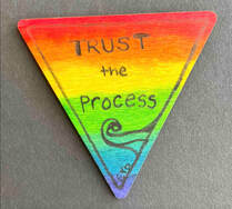 Triangular wooden button painted in rainbow colors displays the words Trust the Process